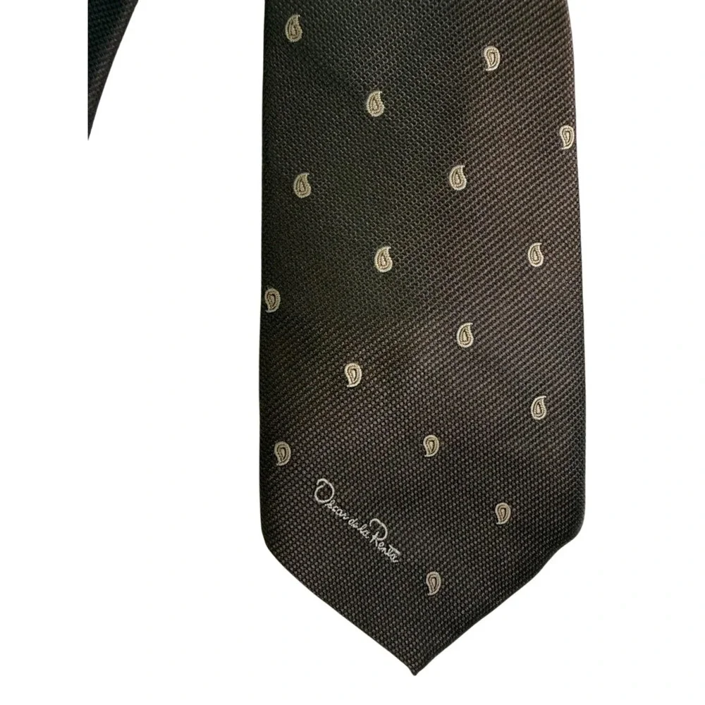 Oscar‎ de la Renta Necktie Men OS Brown Excellent Vintage Paisley 70s 80s Silk